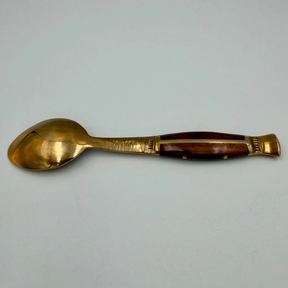 Vintage Thailand Bronze Spoon Wood Inlay Handle Mid Century Modern Flatware